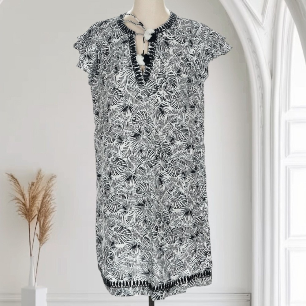 Vineyard Vines 100% Linen Palm Leaves Linen Shift Dress In Jet‎ Black Palms